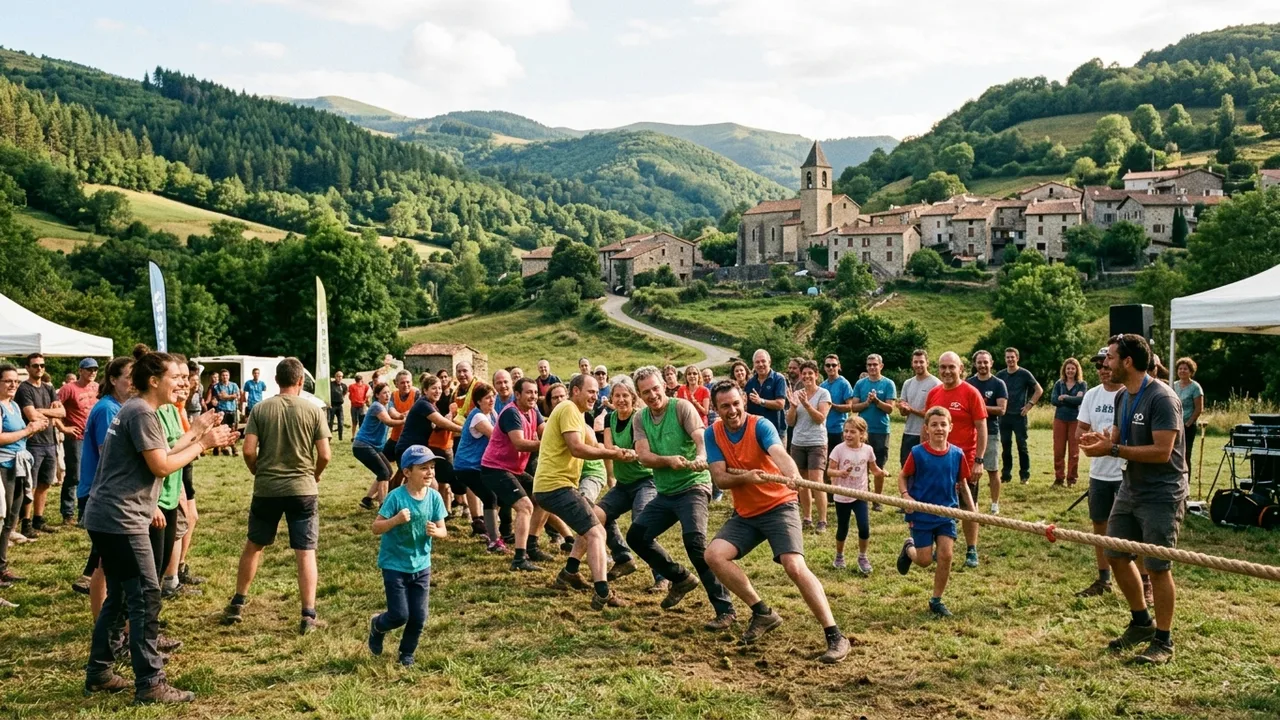 Community sports gathering and scenic Pyrenean foothills in the Séronais region